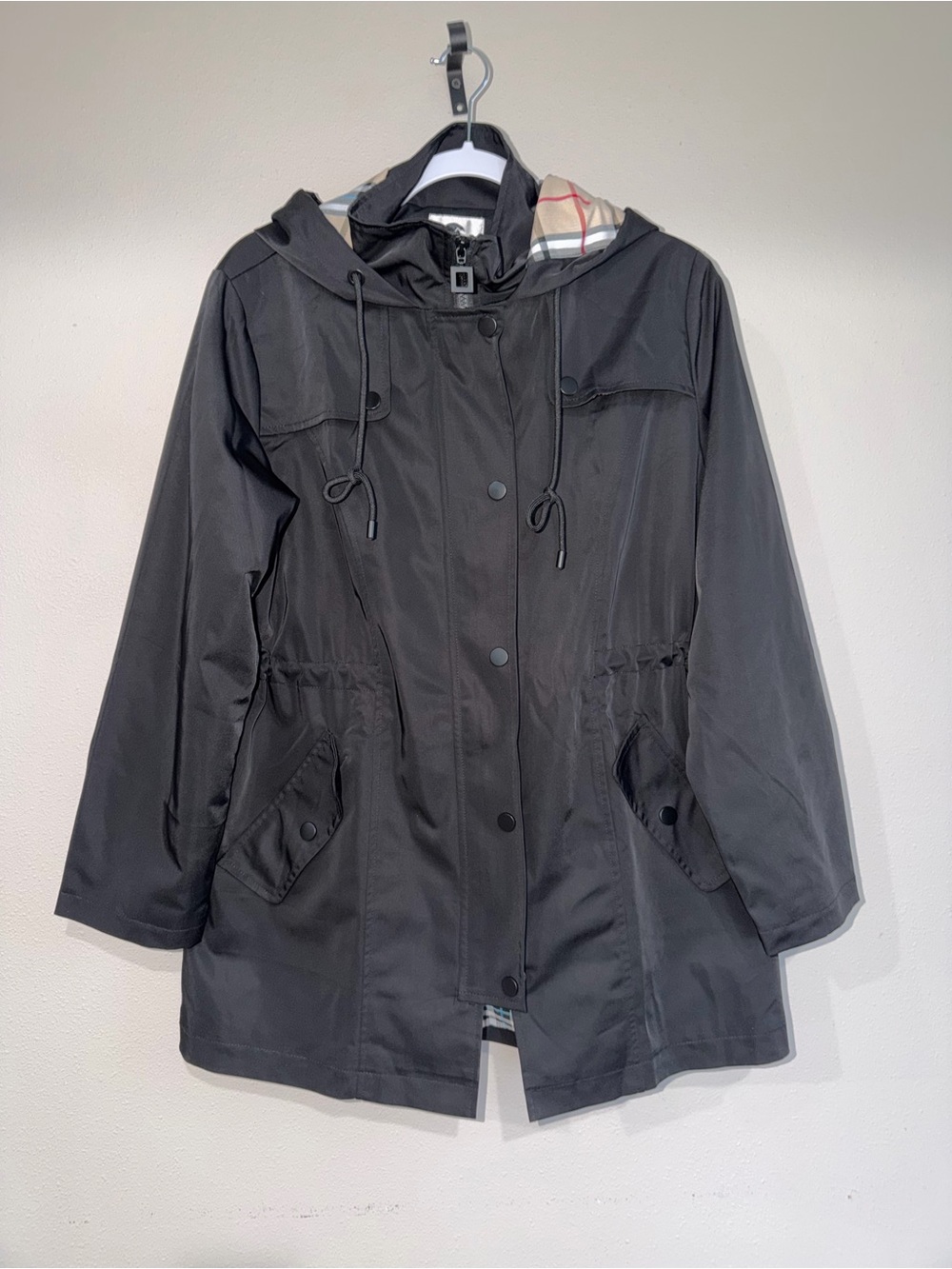 Saphirose Women’s Size Medium Black Trench Raincoat Plaid Lining‎ Hooded Jacket